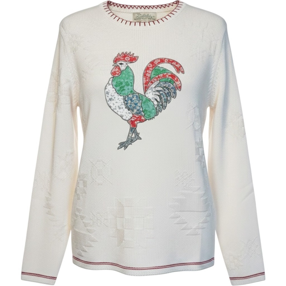 Cabela's Rooster Patchwork Sweater Womens L Cream Cotton Knit Blanket Stitch